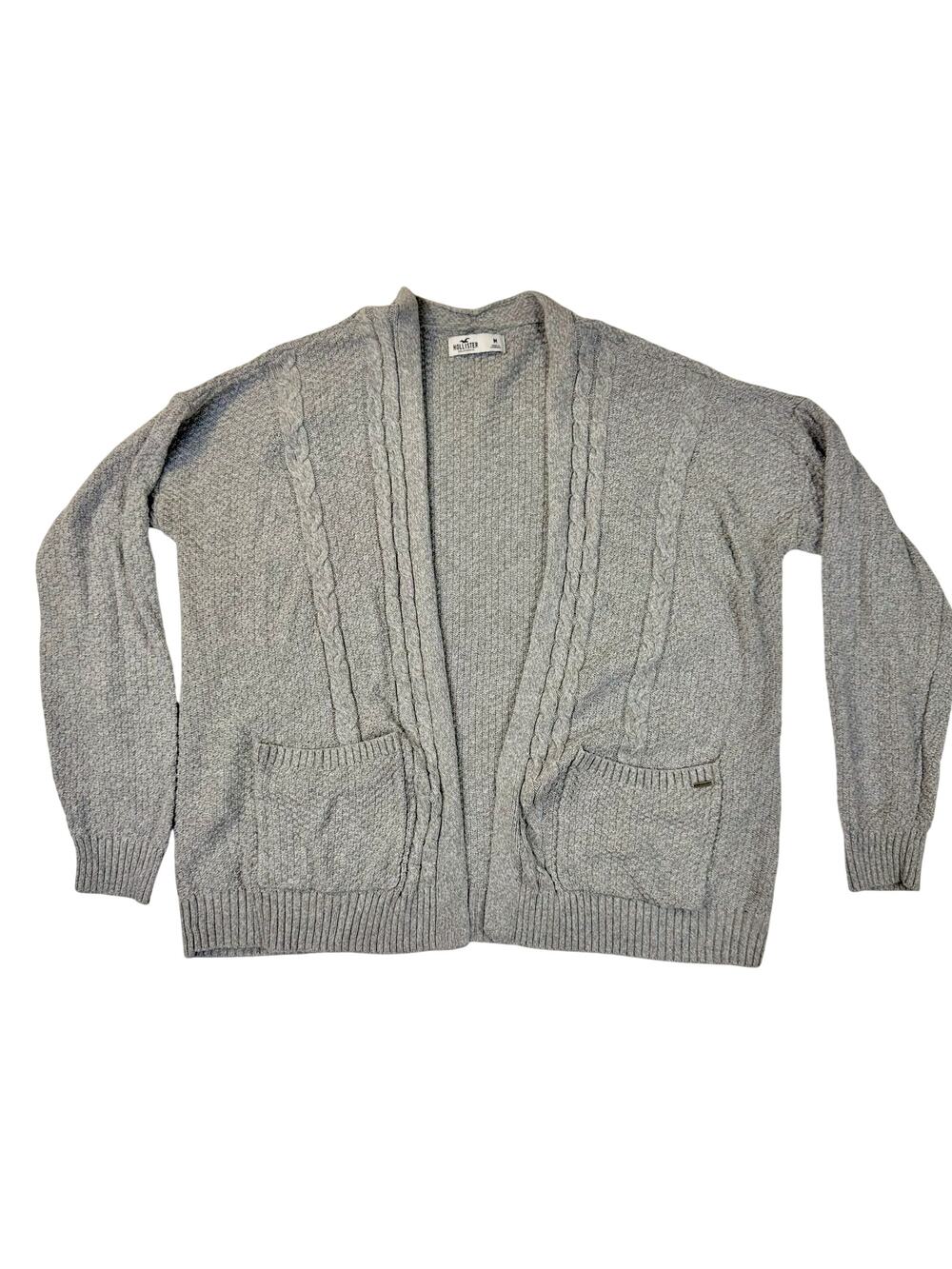 Hollister Fisherman Knit Cardigan Gray Cotton Open Front Pockets Relaxed Medium